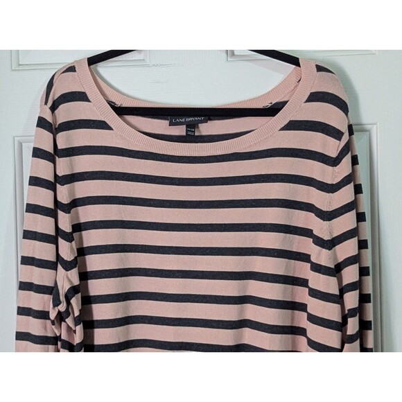 Lane Bryant Pullover Sweater Womens Plus 26/28 Pink Blue Stripe Flounce Sleeve - Picture 2 of 9